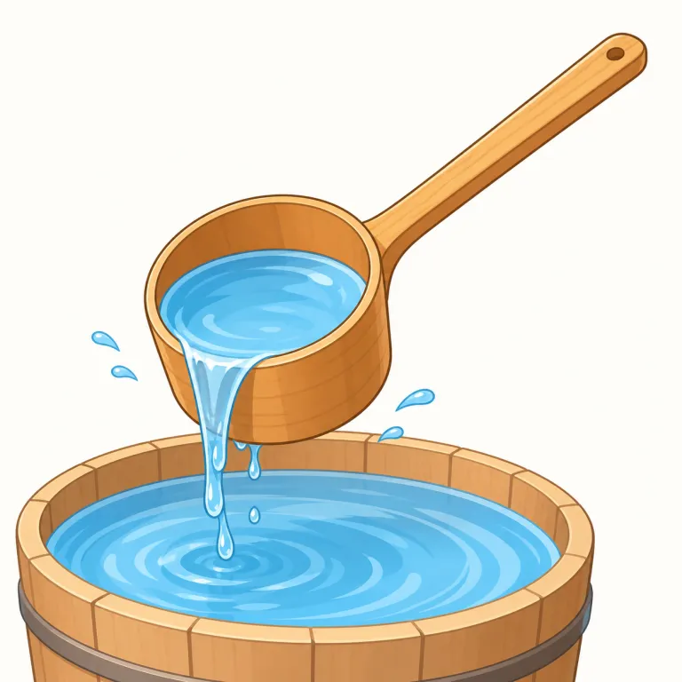 dipper（ひしゃく・名詞）の覚え方イラスト — `dipper` の「ひしゃく」は、動詞 `dip`「液体にさっと浸す」から「液体に入れてすくい上げる道具」と考えると覚えやすいです