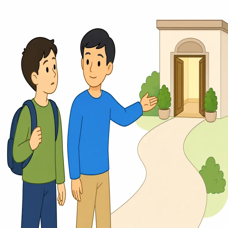 direct a to b（AにBへの行き方を教える、AをBへ案内する・動詞）の覚え方イラスト — この意味の direct A to B は、人や標識が相手に「どこへ行けばよいか」を示す場面で使うと覚える