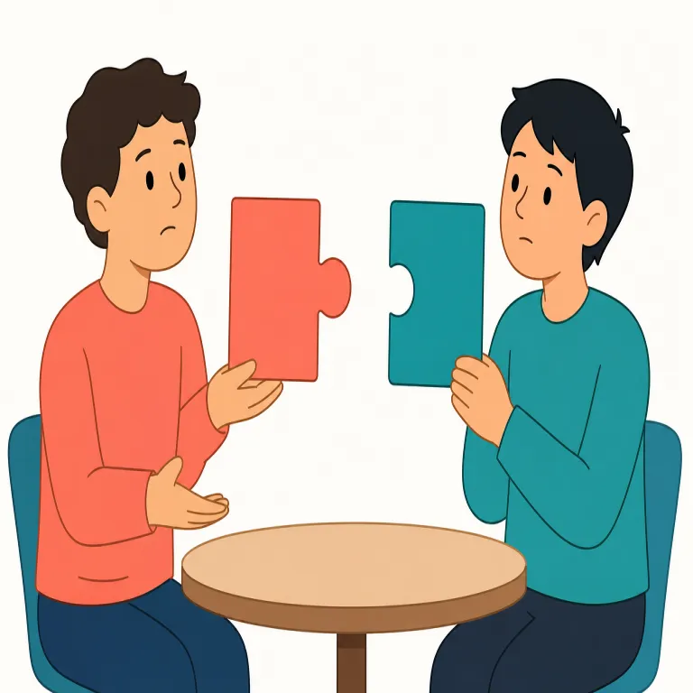 disagreement（意見の相違・名詞）の覚え方イラスト — この意味では、人と人の考えや判断が合わない場面を思い浮かべます