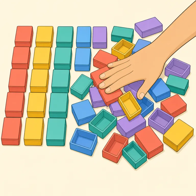 disarrange（乱す・動詞）の覚え方イラスト — arrange「きちんと並べる」の前に、反対の動きを表す dis- が付いているため、「並べた状態を崩す」と分解すれば覚えやすい語です