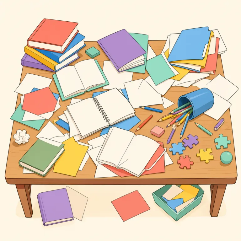 disarray（混乱・名詞）の覚え方イラスト — array を「整然と並べる」と押さえると、disarray は dis- が付いて「並びが崩れた状態」とまとまります