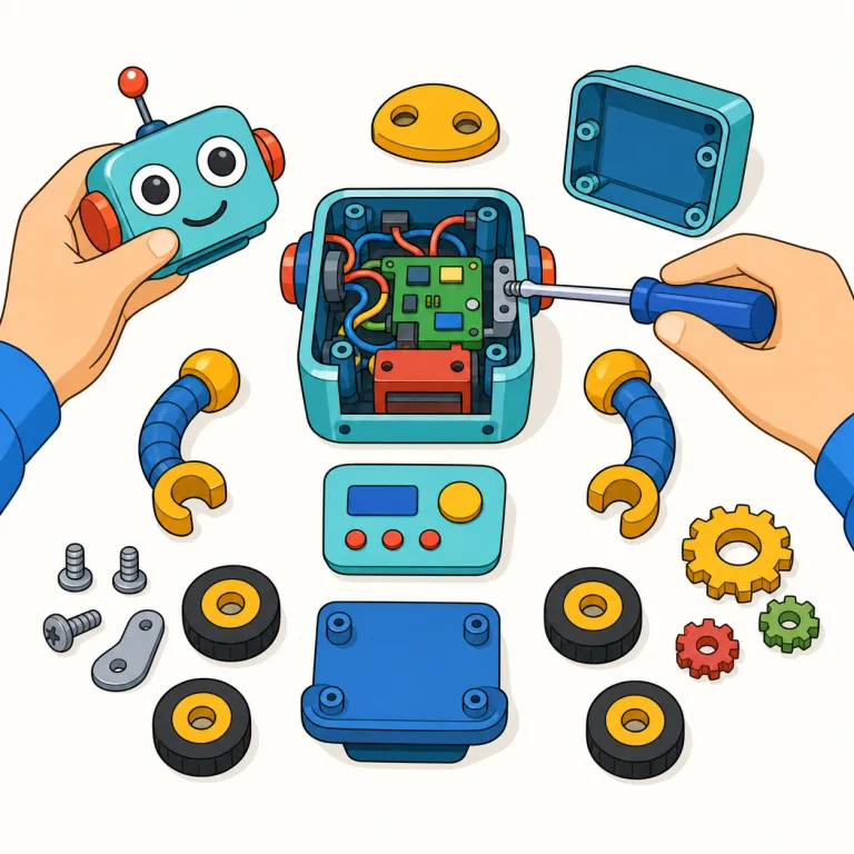 disassemble（分解する・動詞）の覚え方イラスト — assemble が「集めて組み立てる」なら、先頭の dis- が付いた disassemble は「組んだものを逆向きにほどいて、ばらばらの部品に戻す」と捉えると覚えやすいです