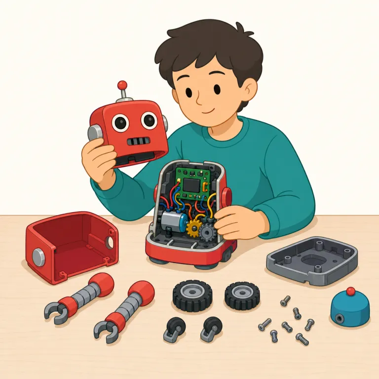 disassembling（分解する・動詞）の覚え方イラスト — assemble「組み立てる」を知っていれば、その反対を表す dis- が付いた disassemble は「組み立てたものをほどく」と捉えやすい