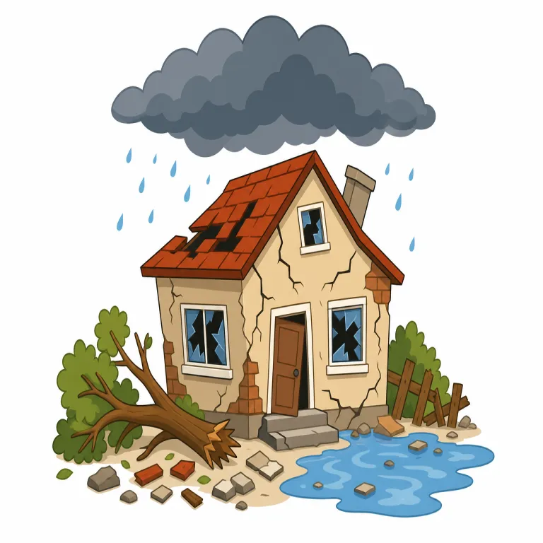 disaster（災害・名詞）の覚え方イラスト — disaster は「災害」として、earthquake, flood, typhoon など人命や生活に大きな被害を与える出来事で覚えます