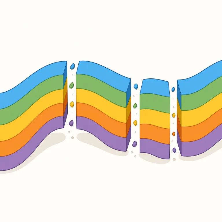 discontinuities（不連続性・名詞）の覚え方イラスト — discontinuities は、数学・物理・地質・データ分析などで、グラフ・層・データ列のように本来なめらかにつながる対象が、ある点で連続していない性質や箇所を複…