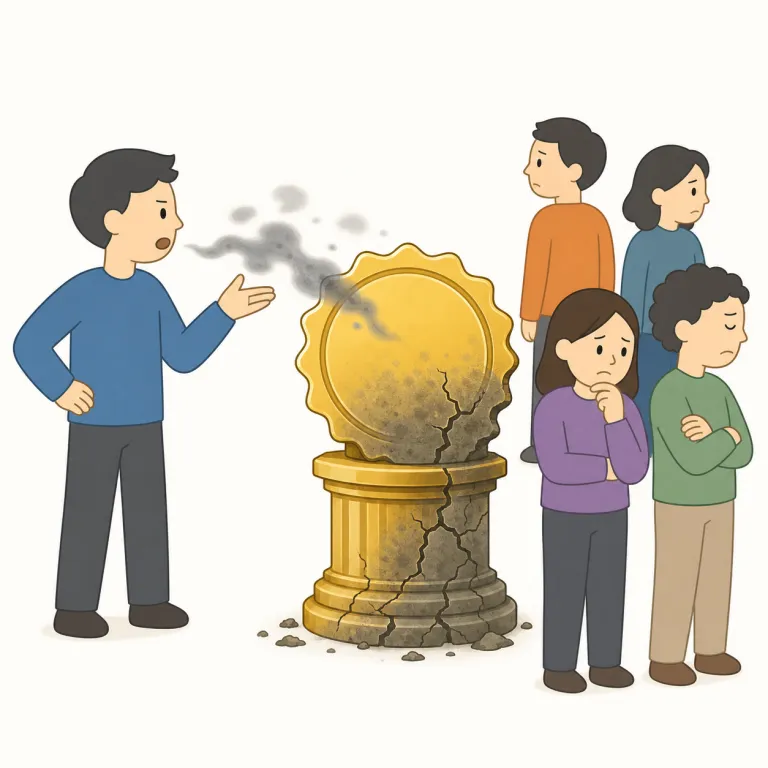 discredits（信用を落とす・動詞）の覚え方イラスト — credit を「信用・評判」と考え、dis- を「反対にする、奪う」と見ると、discredits は人や組織の評価から credit を取り去る動きになります