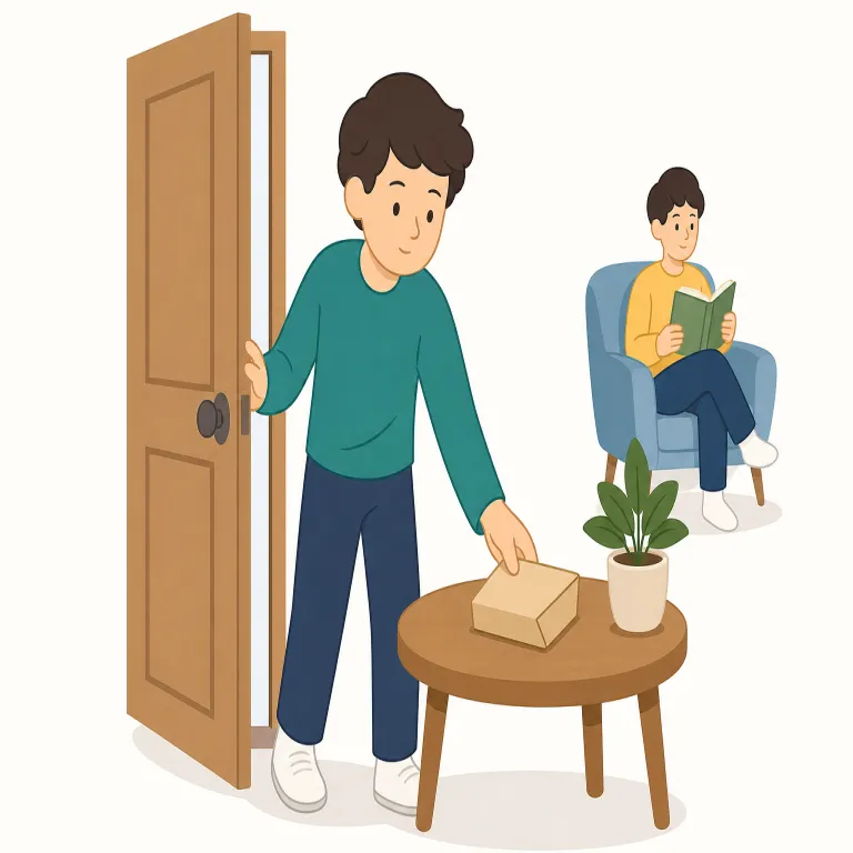 discreetly（慎重に、控えめに・副詞）の覚え方イラスト — 大事な場面で、まわりをよく見てから静かに行動する様子を思い浮かべましょう