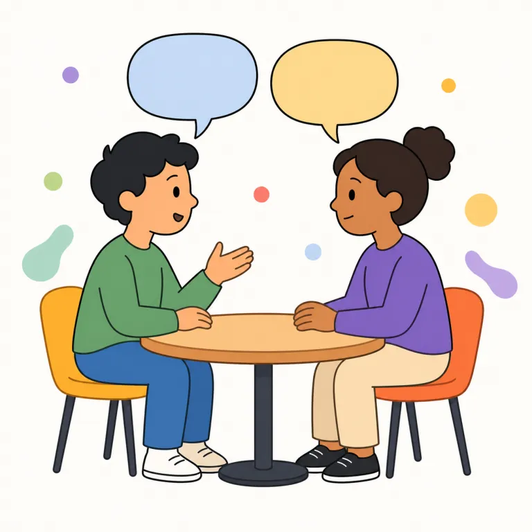 discuss（話し合う・動詞）の覚え方イラスト — discuss は「ある話題を人と一緒に詳しく話す」と覚えます