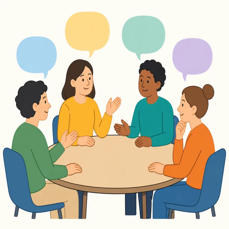 discussion（議論・名詞）の覚え方イラスト — このエントリの discussion は、基本義の「話し合い」よりも、意見を比べたり根拠を出したりして論点を扱う「議論」として覚えます