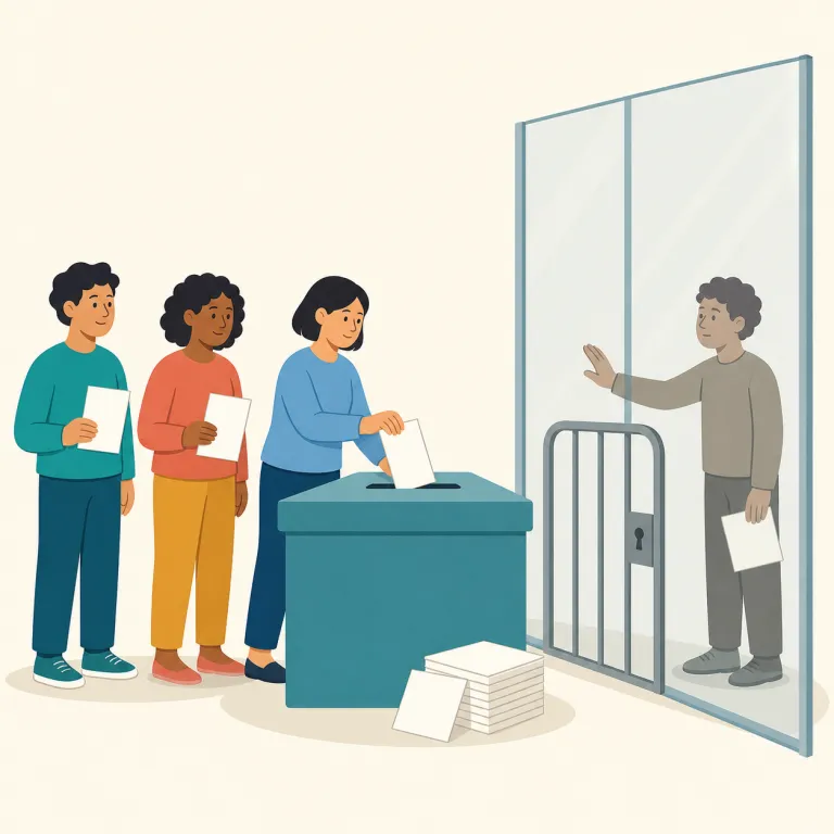 disenfranchisement（選挙権剥奪・名詞）の覚え方イラスト — dis- は「反対・取り除く」、enfranchise は「投票権や市民権を与える」という動詞です