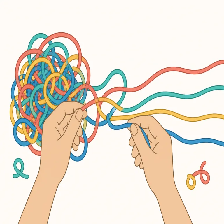 disentangle（もつれを解く・動詞）の覚え方イラスト — まず tangle を核にして覚えると残りやすいです