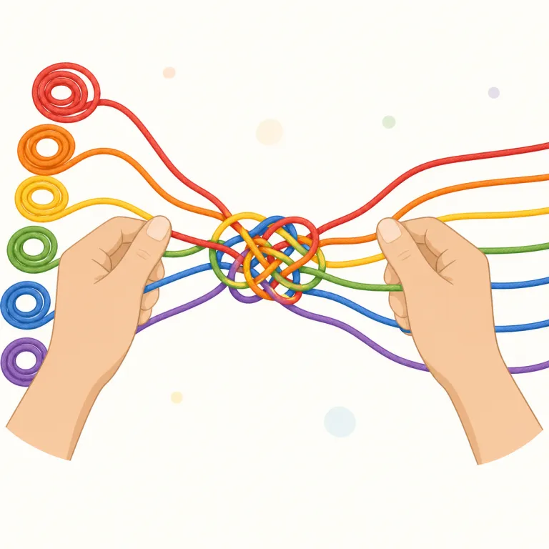 disentangling（もつれを解く・動詞）の覚え方イラスト — まず tangle「もつれる」を核に置くと覚えやすいです