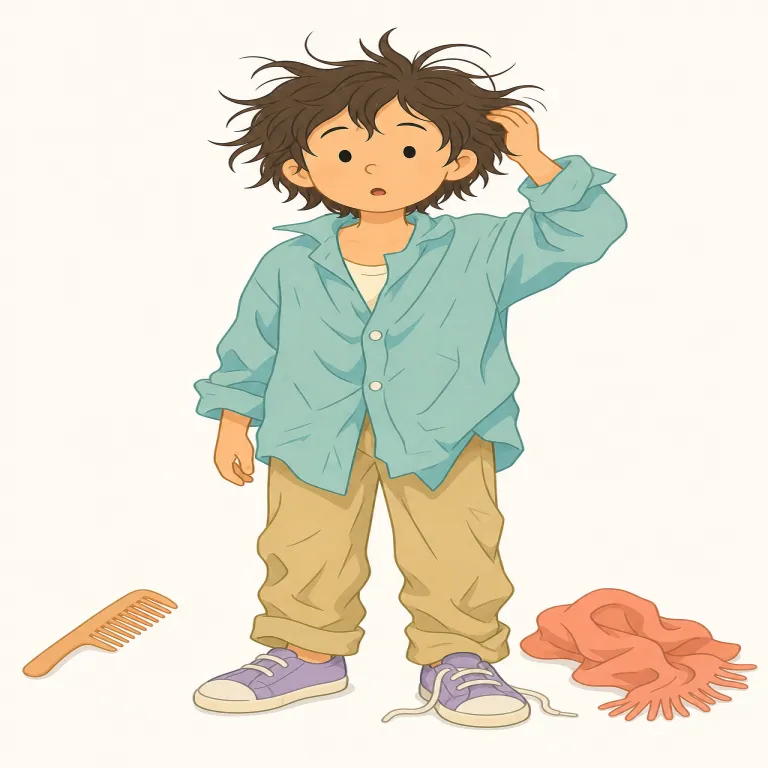 disheveled（乱れた・形容詞）の覚え方イラスト — dis- が「離れてばらける」感じを出し、整っていた髪や服がほどけて崩れた状態を思い浮かべると残りやすい語です