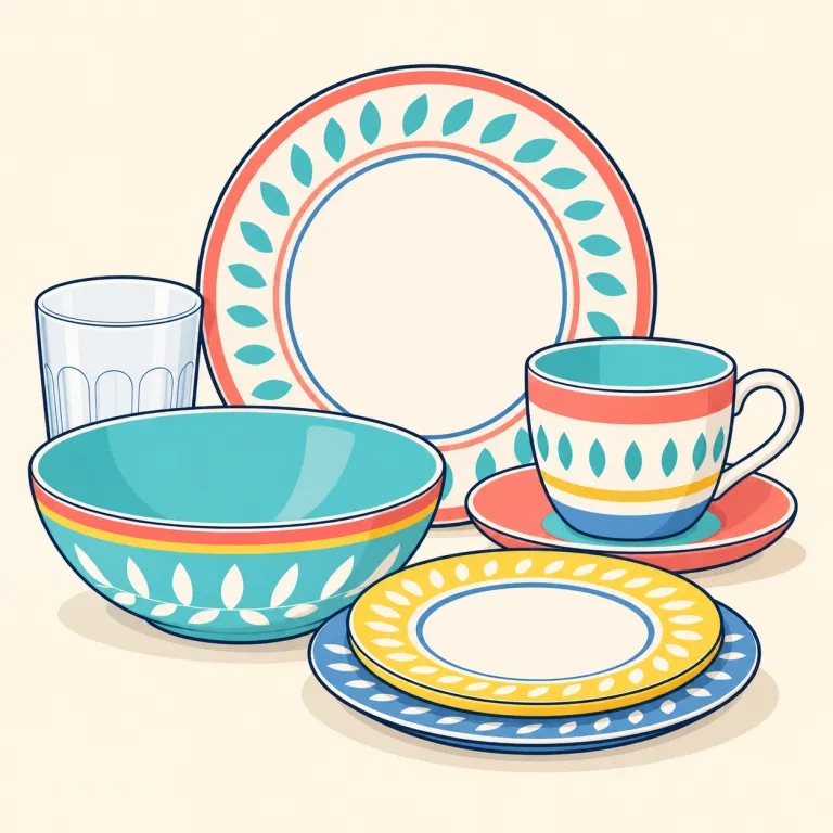 dishware（食器類・名詞）の覚え方イラスト — dish「皿」と ware「製品、品物」を合わせた語なので、「皿を中心とする食器類」と理解できます