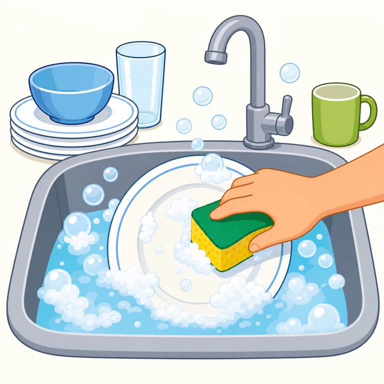 dishwashing（食器洗い・名詞）の覚え方イラスト — dish と washing をそのまま足した、意味の見えやすい語です
