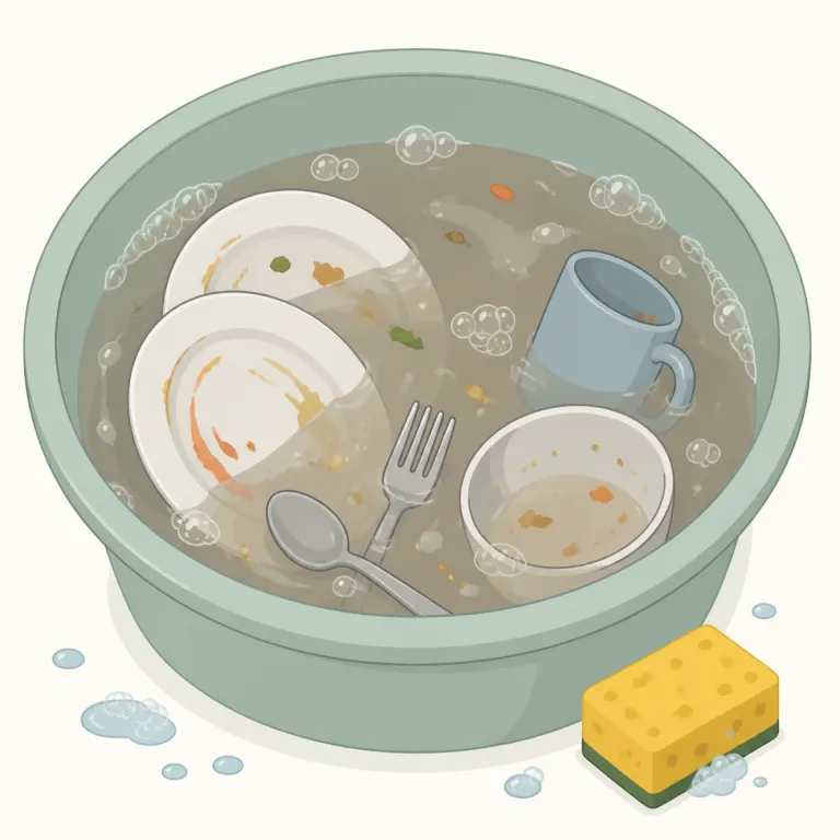 dishwater（食器洗いの汚れた水・名詞）の覚え方イラスト — `dish` と `water` をそのまま足して覚えると定着しやすい語です