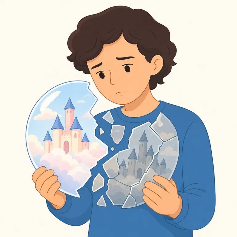 disillusion（幻滅させる・動詞）の覚え方イラスト — disillusion は「illusion を外す」と考えると、動詞の核がつかみやすい