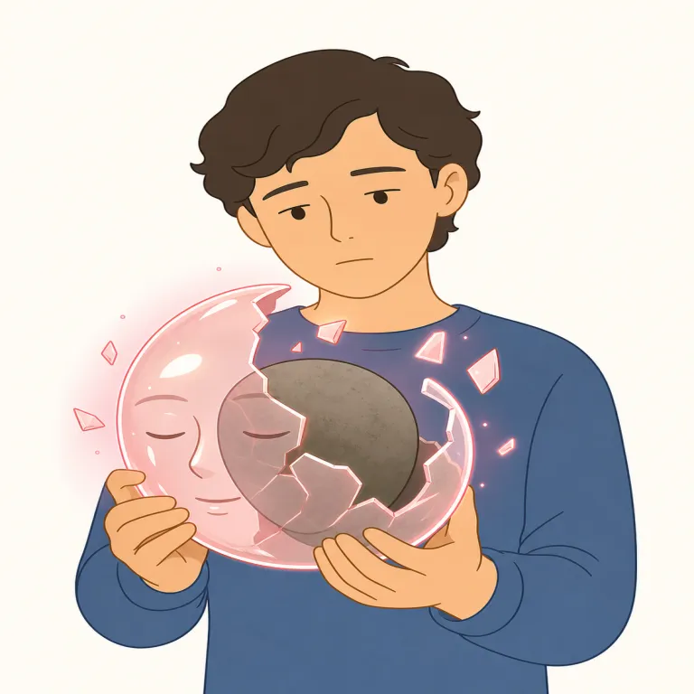 disillusionment（幻滅・名詞）の覚え方イラスト — illusion「幻想・思い込み」が頭の中にかかっている場面をまず置き、そこに dis- が付くと「それが外れる」、-ment で「その状態」と見ると覚えやすいです