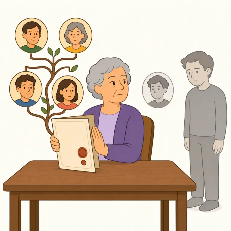 disinherit（廃嫡・動詞）の覚え方イラスト — `inherit`「受け継ぐ」が分かれば、`disinherit` は先頭の `dis-` によって「継承の線から外す」と捉えると覚えやすいです