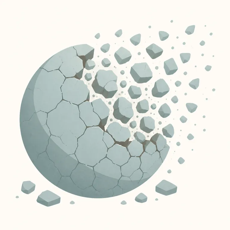 disintegration（崩壊・名詞）の覚え方イラスト — integrate が「統合する」と分かれば、dis- が付いた disintegrate はその逆で「ひとまとまりだったものがほどけていく」