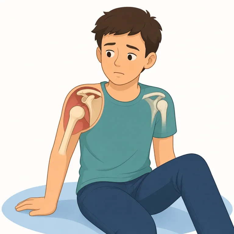 dislocate（脱臼する・動詞）の覚え方イラスト — locate が「位置を定める」なので、dislocate はまず「正しい位置から外れる」と押さえると覚えやすいです