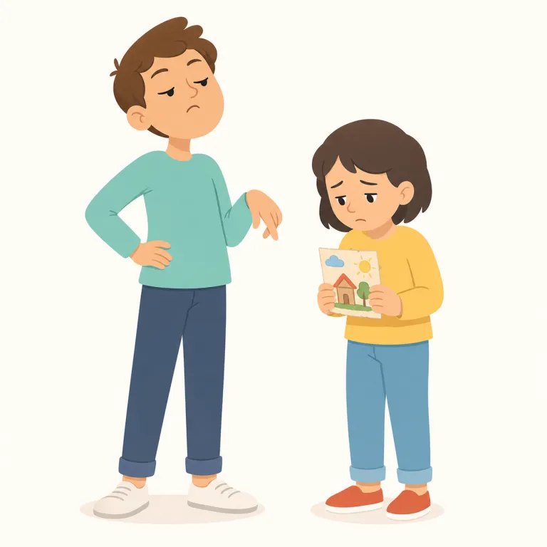 disparage（けなす・動詞）の覚え方イラスト — disparage は、簡単な語 belittle と近く、「相手を小さく見せるように言う」と考えると覚えやすいです