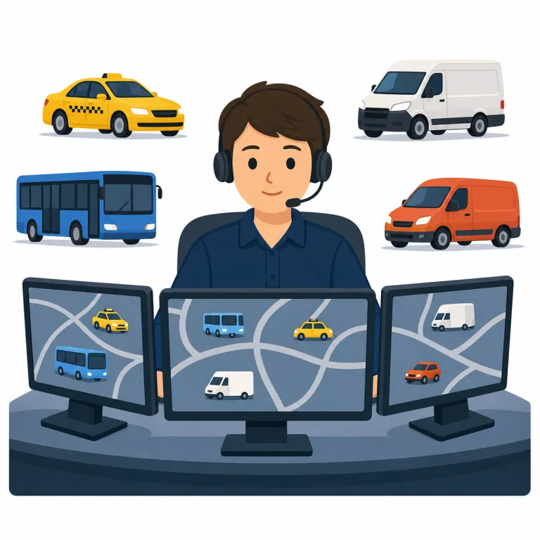dispatcher（配車係 / 運行管理者・名詞）の覚え方イラスト — dispatcher は dispatch（派遣する、送り出す）に -er が付いた語で、「送り出す側の人」と考えると自然です