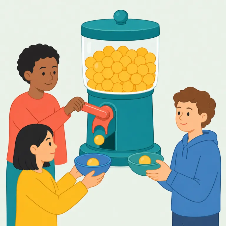 dispense（分配する、施す・動詞）の覚え方イラスト — dis は「分ける」、pense は「量る」と考えると、必要な分だけ量って配るイメージになります