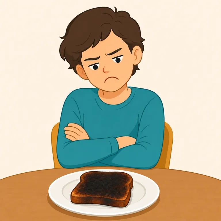 displeased（不満な・形容詞）の覚え方イラスト — pleased（うれしい、満足した）が分かれば、その前に否定の dis- が付いて「うれしくない状態→不満だ」と覚えやすい語です