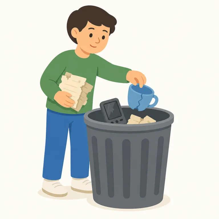 dispose of（処分する・句動詞）の覚え方イラスト — この dispose of は、物や不要品を「処理する」基本義ではなく、不要な物を手元から離して正式に始末する意味で覚える