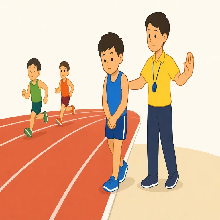 disqualify（失格にする・動詞）の覚え方イラスト — disqualify は、競技や試合で「ルール違反などにより失格にする」と覚えます