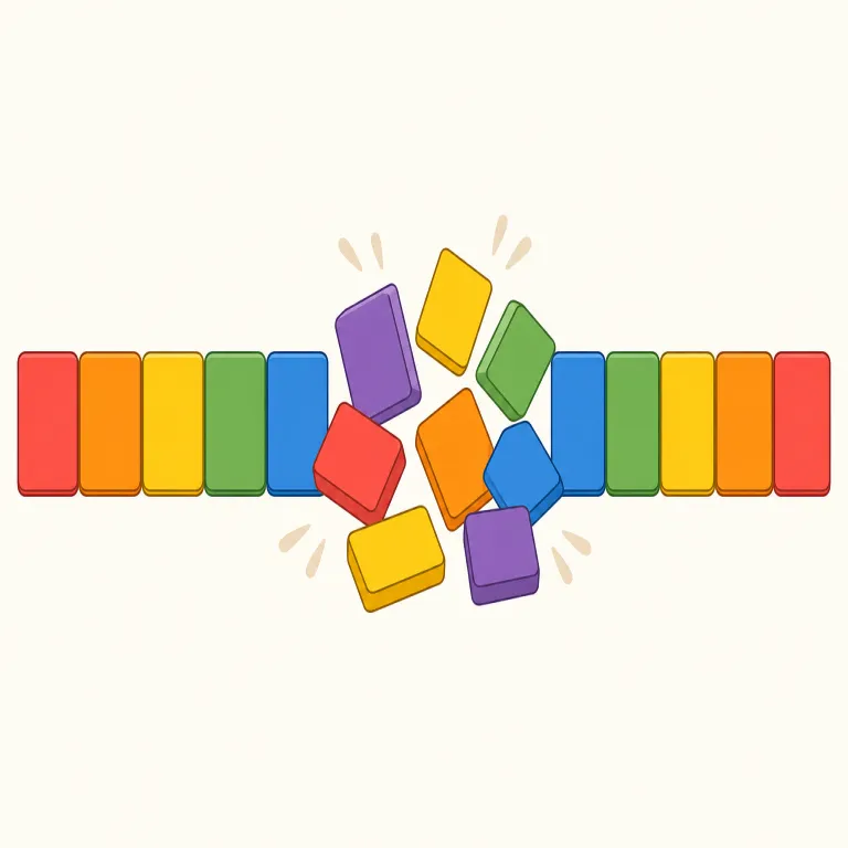 disruption（混乱・名詞）の覚え方イラスト — このエントリの disruption は、単に作業やサービスが一時的に止まる「中断」ではなく、通常の秩序や仕組みが乱れてうまく機能しない「混乱」を表す