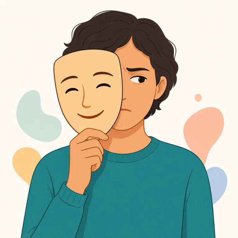 dissemble（本心を隠す・動詞）の覚え方イラスト — dissemble は「本心・意図を隠し、違う様子を装う」こと