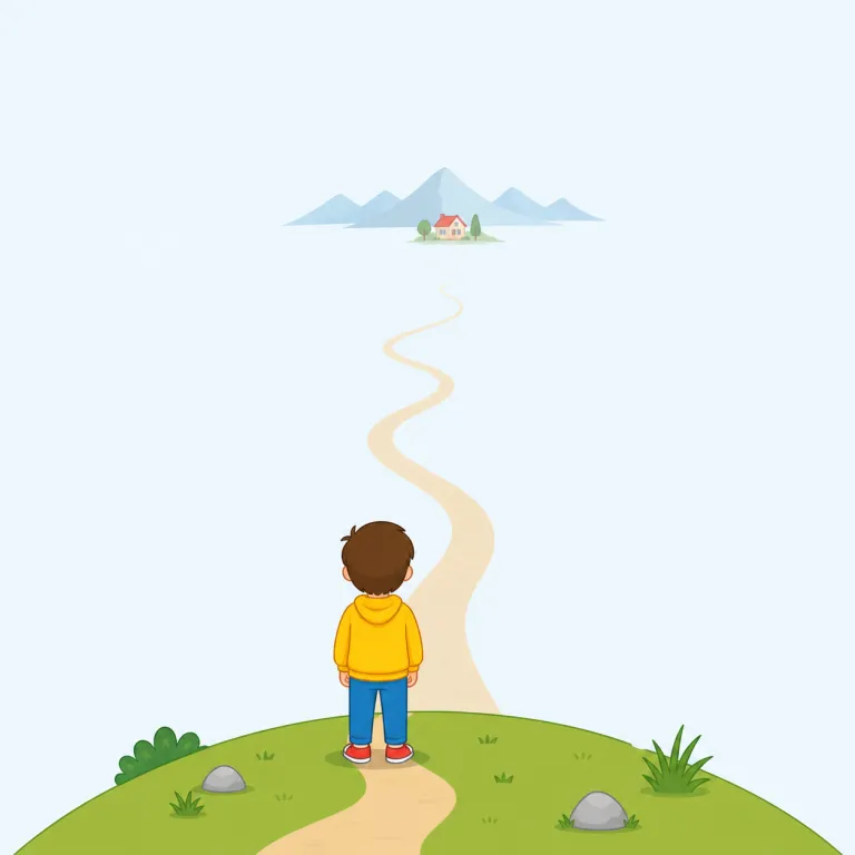 distant（遠い・形容詞）の覚え方イラスト — distance（距離）がそのまま形容詞になった形だと押さえると覚えやすい語です