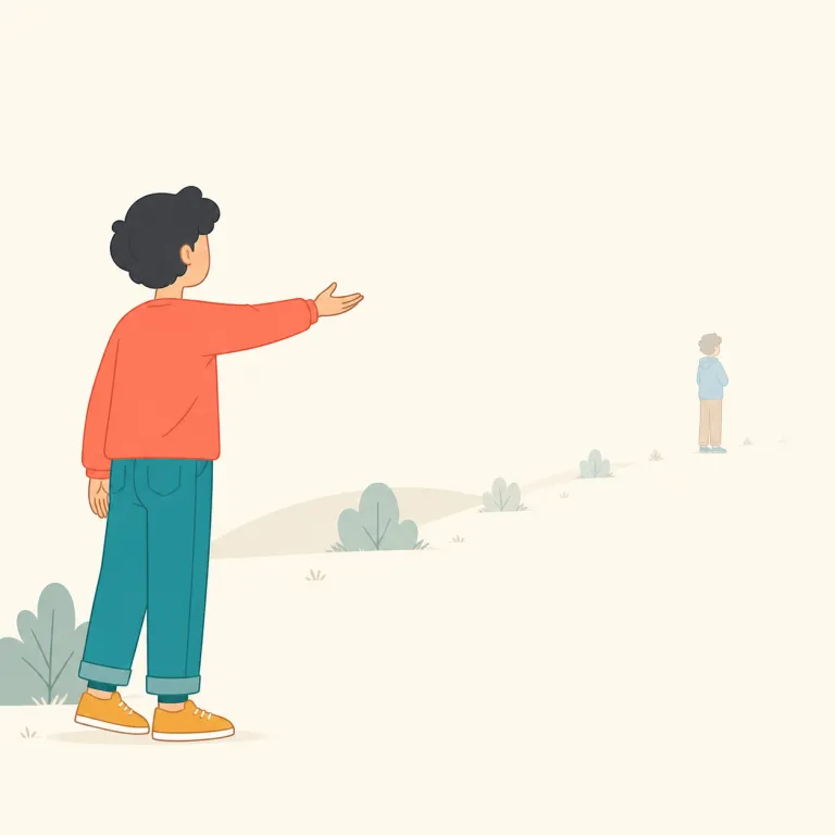 distantly（遠く離れて、ぼんやりと、よそよそしく；遠縁で・副詞）の覚え方イラスト — distant を知っていれば、副詞の -ly が付いて「遠く離れて・距離を置いて」という軸で覚えやすい
