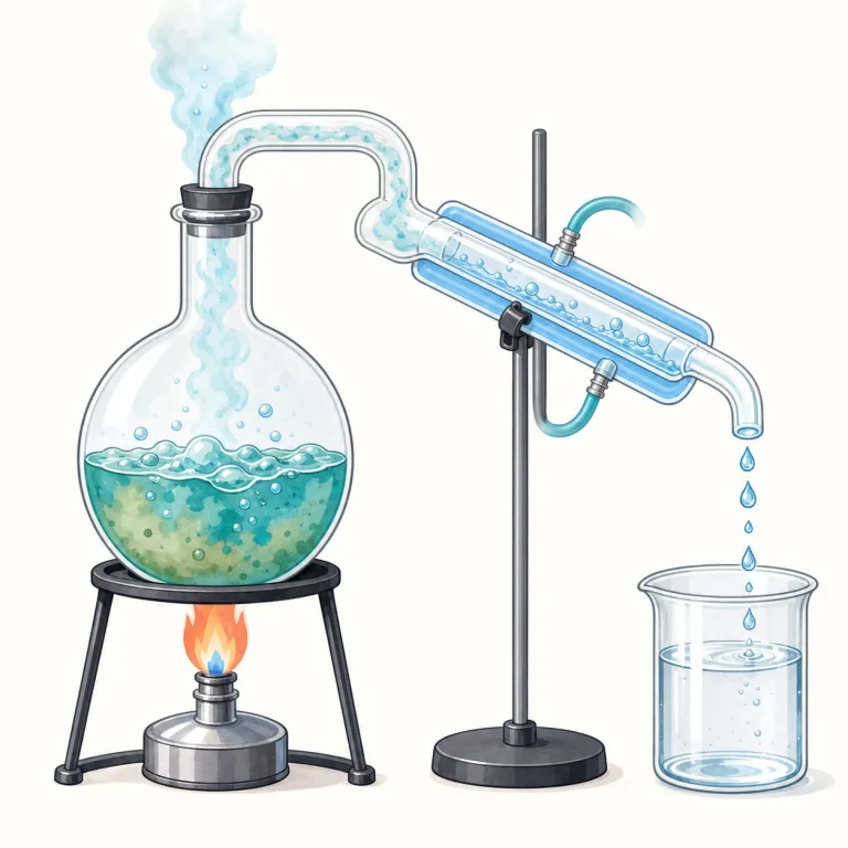 distillation（蒸留・名詞）の覚え方イラスト — まず動詞 distill「蒸留する」を押さえ、-ation / -tion が付くと「その過程・結果を表す名詞」になると覚えると形が追いやすい語です