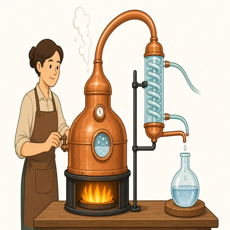 distiller（蒸留業者、蒸留器・名詞）の覚え方イラスト — distill「蒸留する」を知っていれば、-er が付いた distiller は「蒸留する人」または「蒸留する装置」と整理できる