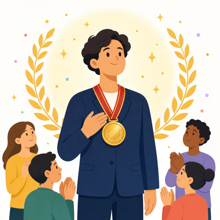 distinguished（名高い・形容詞）の覚え方イラスト — この「名高い」は、distinguished の「多くの人に尊敬され、評判が高い」という意味です