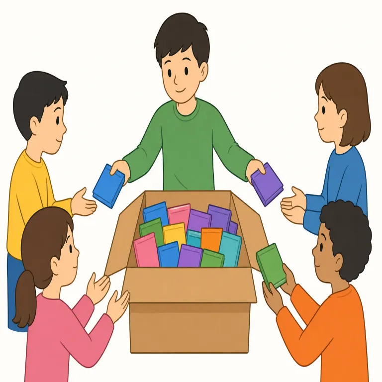 distribute（配布する・動詞）の覚え方イラスト — まず「配る」場面と結びつけて覚える語です
