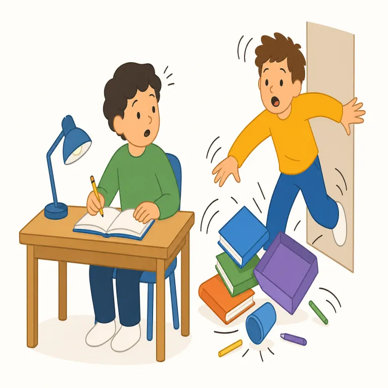 disturb（邪魔する・動詞）の覚え方イラスト — disturb は、人の作業・休息・静けさを外から乱して「邪魔する」と覚えます