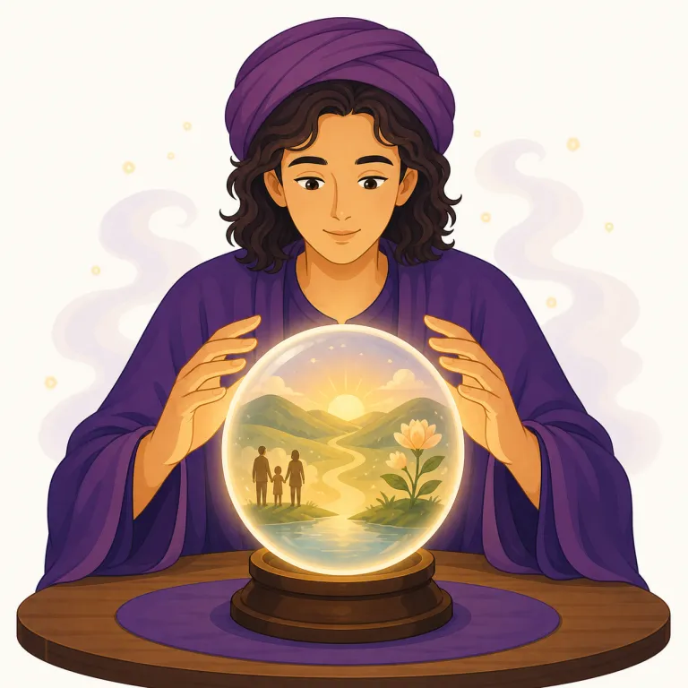 diviner（占い師・名詞）の覚え方イラスト — diviner は、タロット、占星術、水晶玉、しるしの読み取りなどで未来や隠れたことを知るとされる「占い師」を指します