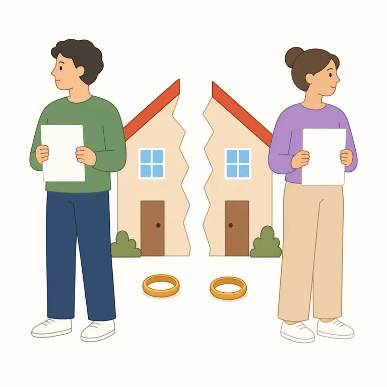 divorce（離婚・名詞）の覚え方イラスト — 名詞では「別れ」ではなく、書類・合意・判決によって結婚が正式に終わる出来事として覚えます