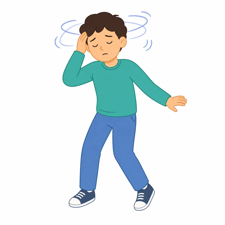 dizziness（めまい・名詞）の覚え方イラスト — dizziness は dizzy「目が回る、くらくらする」に -ness が付いた名詞で、医学的な症状名としての「めまい」を表します