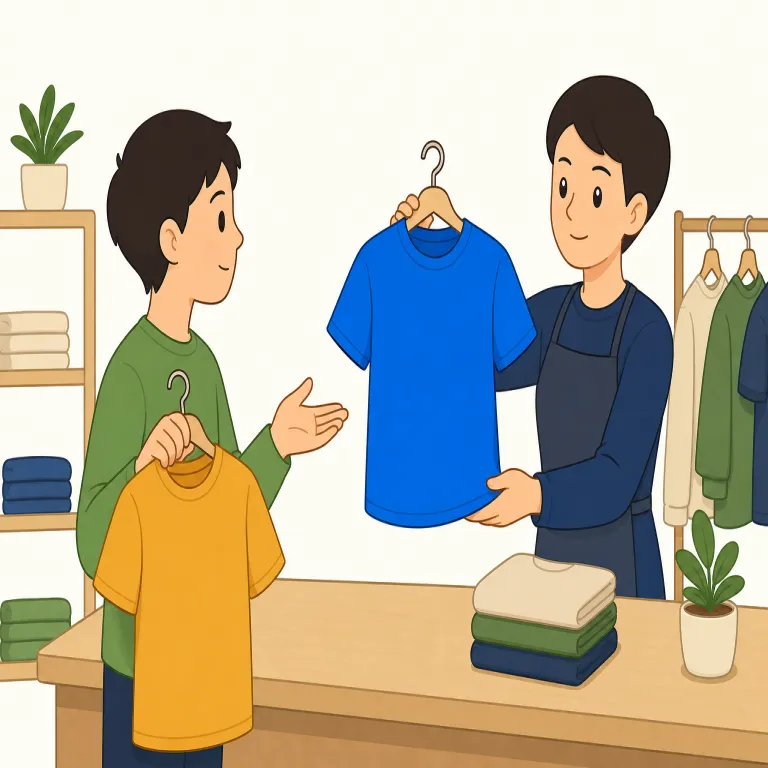 do you have it in blue（青はありますか・イディオム）の覚え方イラスト — 買い物でそのまま使う「型」として覚えるのが最短です