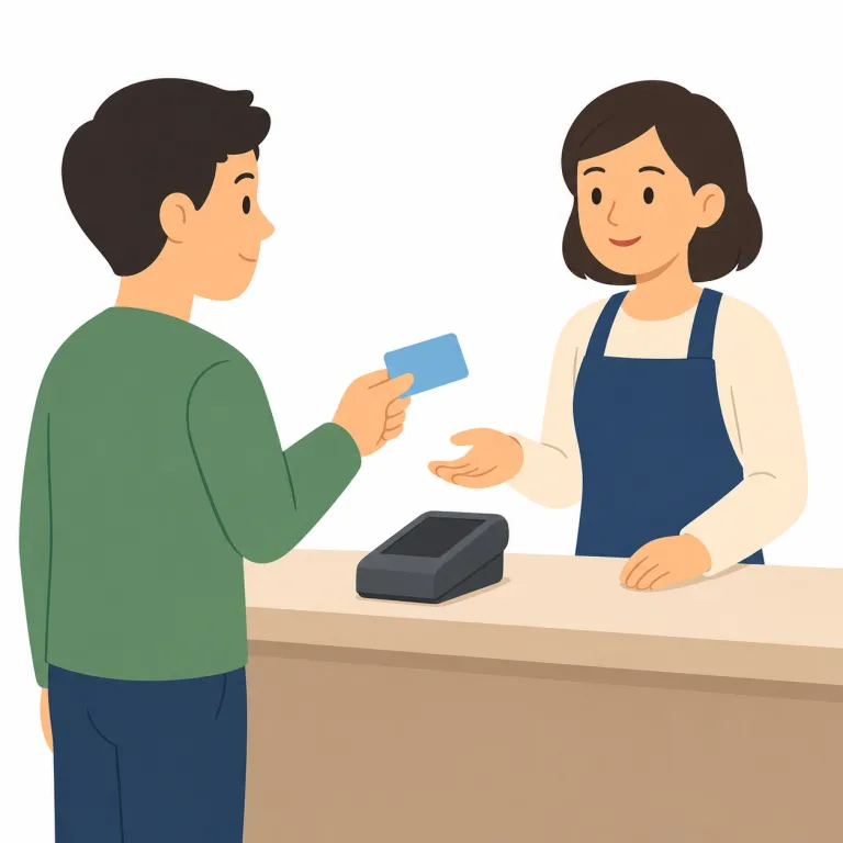 do you take credit cards（カード使えますか・イディオム）の覚え方イラスト — “take”を「取る」ではなく、店が支払い方法を「受け付ける・扱う」と覚えるのがコツ
