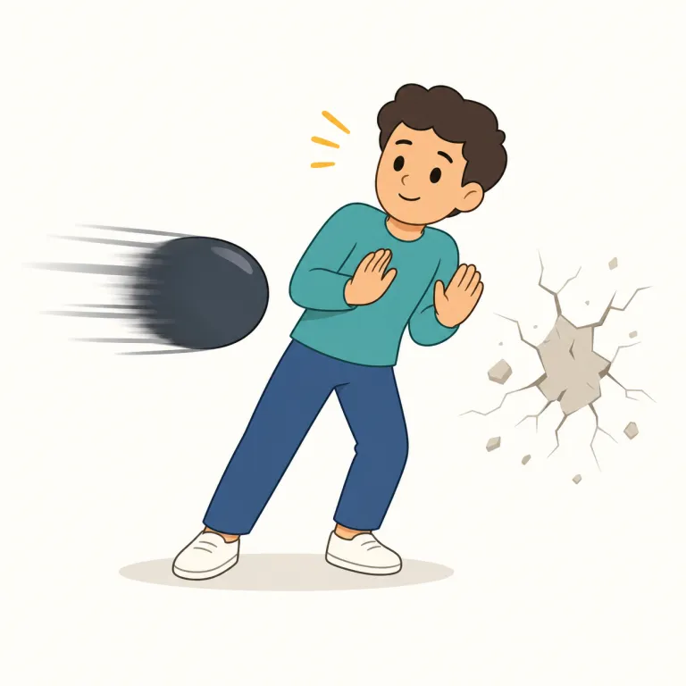 dodge a bullet（危機を免れる・イディオム）の覚え方イラスト — dodge＝さっと身をかわす、bullet＝弾丸、と分けて見ると覚えやすい表現です