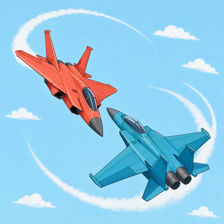 dogfighting（空中戦・名詞）の覚え方イラスト — 二機の戦闘機が空の中でぐるぐる回りながら追いかけ合う場面を思い浮かべましょう