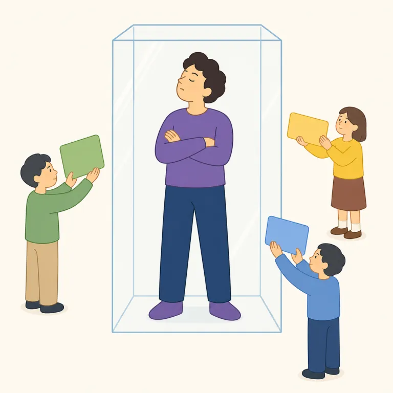 dogmatic（独断的な・形容詞）の覚え方イラスト — この「独断的な」は、dogmatic の基本義「教条的な」とは別に、人が自分の考えを正しいと決め込み、他人の意見を聞き入れない態度を表す用法として覚えます