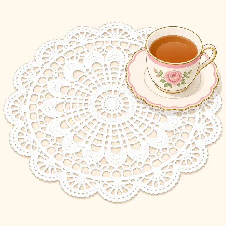 doily（装飾用のレース編みの敷き物・名詞）の覚え方イラスト — この意味の doily は、小型ナプキンという基本義とは別に、家具や皿の下へ敷く装飾用の小さなレース布を指します