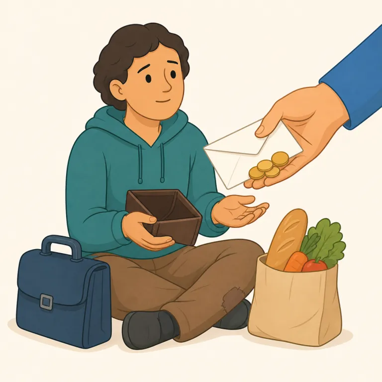 dole（失業手当 / 施し・名詞）の覚え方イラスト — dole は「少しずつ分け与える」という感覚を核に持ち、名詞では英国英語の the dole「失業手当」や、困窮者への「施し」を表す